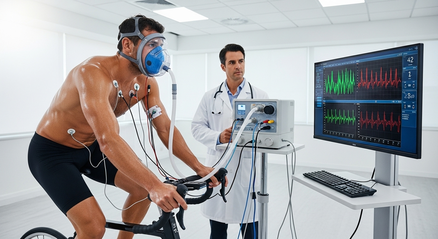 Paciente realizando teste de Ergoespirometria com máscara metabólica na esteira