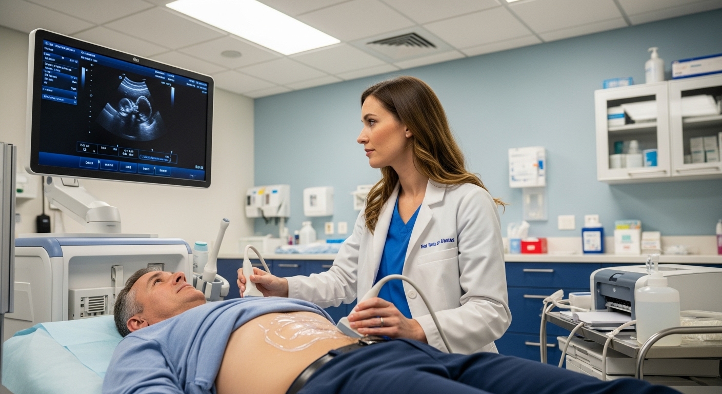 Médico realizando exame de ultrassonografia no pescoço de um paciente
